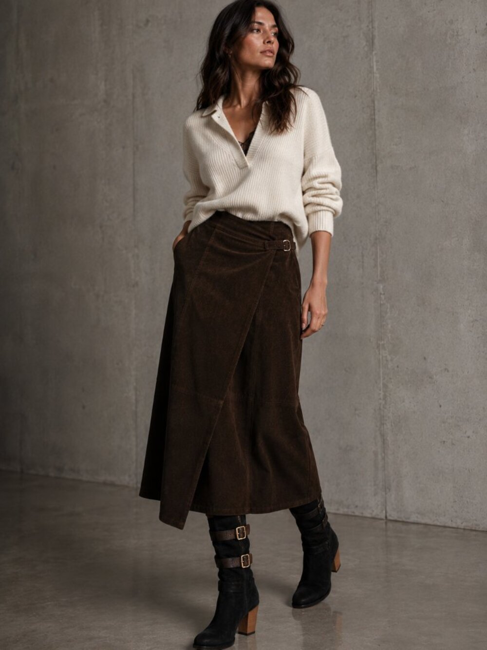 Briefing 100% Goat Suede Wrap Maxi Skirt Brown EU 38 US 6 Genuine Leather